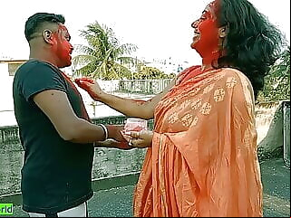Beeg 18yrs Tamil boy fucking two beautiful milf bhabhis together at Holi festival amateur anal